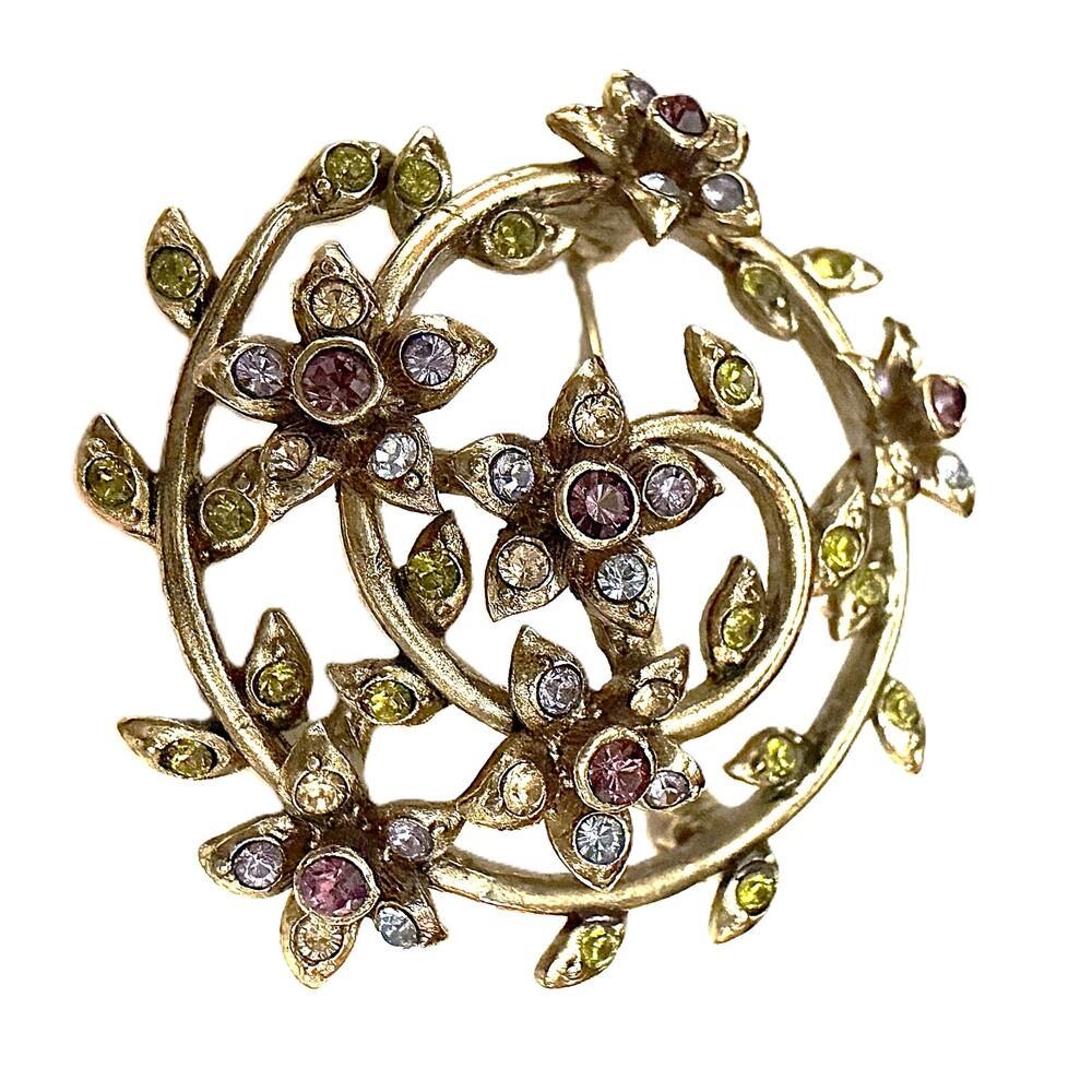 Monet Gold-Tone Floral Rhinestone Brooch Pin Multicolor Rhinestones Jewelry Vtg